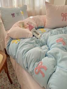 Cut Embroidery Colorful Bowknot Duvet Cover Set, White Bedding Set 3pcs,Including 1 Duvet Cover And 2 Pillowcases, Ultra Soft Breathable Chic Comforter Cover - Blue - View 6