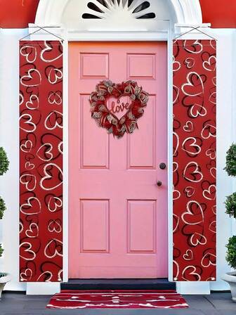 2D Flat Plane Curtain Banner, 2 Pieces Heart Shape Curtain - Red And Pink Decor, Wedding, Valentine's Day, Anniversary Party Decor - Size Hanging Porch Banner- No Electricity Needed, Easy To Hang - Indoor/Outdoor Polyester Fabric Door Decor,