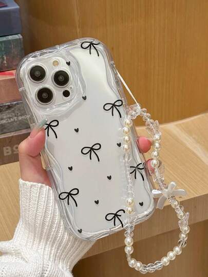 蝴蝶结透明彩绘链条奶油色波浪边防震加厚手机保护壳，印花图案，兼容 17/17 Pro/17 Pro Max/16/11/16 Pro Max/13/11、12、13、16、15、16 Plus、16 Pro Max、S23、S24、S25、S24 Plus、S25 Plus、A56、A36、A26/A13 4G、A22、A21S、A51 4G、A52、S22 Ultra、A33 5G，兼容 10，兼容Note 11 4G，兼容手机壳
