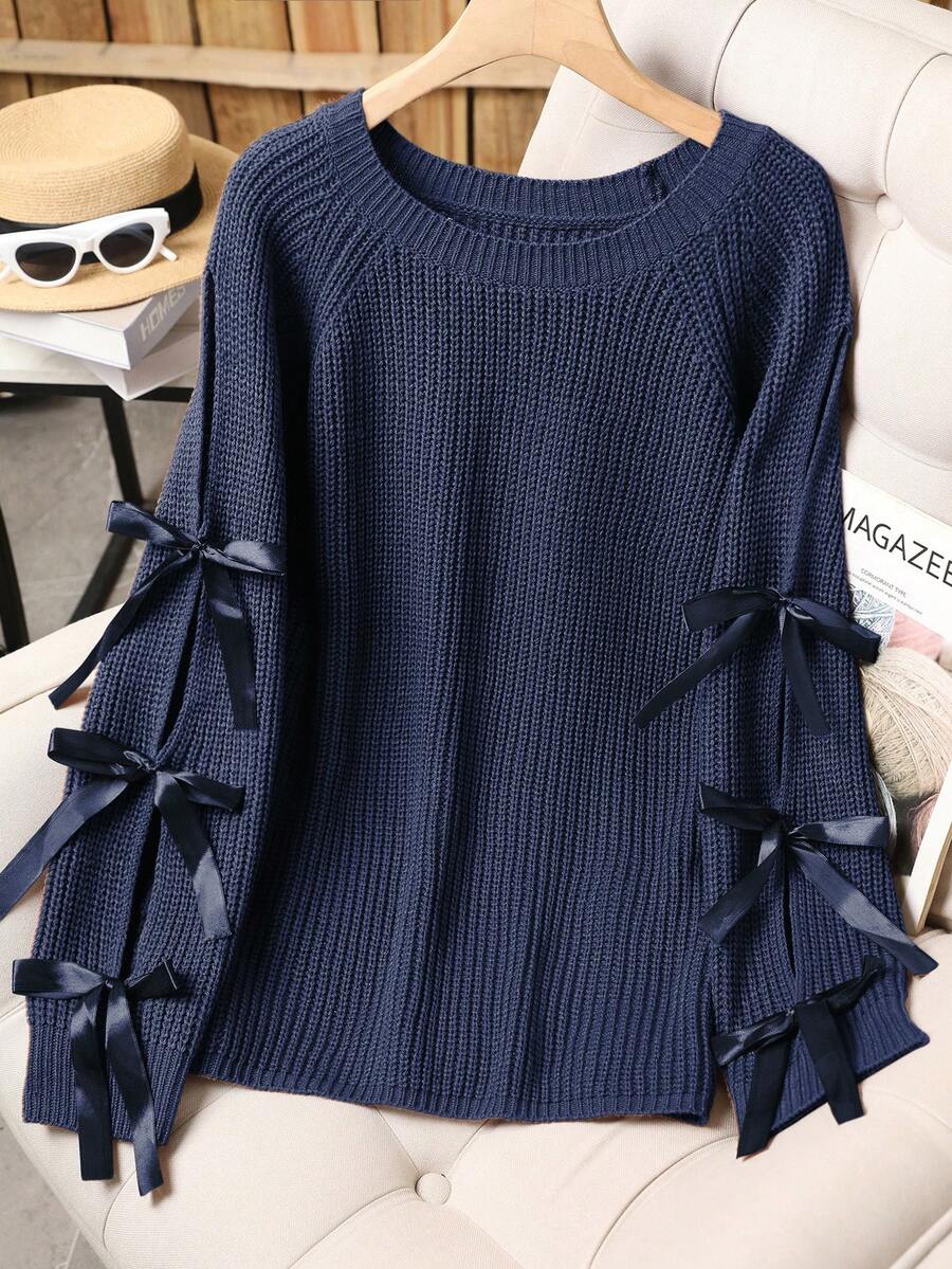 Sweater Rajut Pullover Kasual Ukuran Besar dengan Kerah Bulat dan Pita Warna Kontras - Royal Blue - View 1