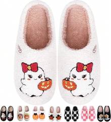 Cozy Plush Halloween Pumpkin Slippers, Non-Slip Fluffy Design - Ghost Pumpkin - View 12