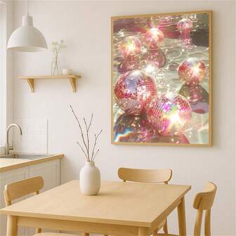 1 st disco väggkonsttryck, rosa discokula maximalistisk målning, ljus pastellrosa estetisk poster, Y2K Girly Dopamine rumsdekor orammade