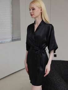 1 件 - 女士纯色优雅蕾丝风格秋冬浴袍，适合家庭睡衣，性感短袖缎面丝绸柔软睡衣，适合新娘和伴娘。