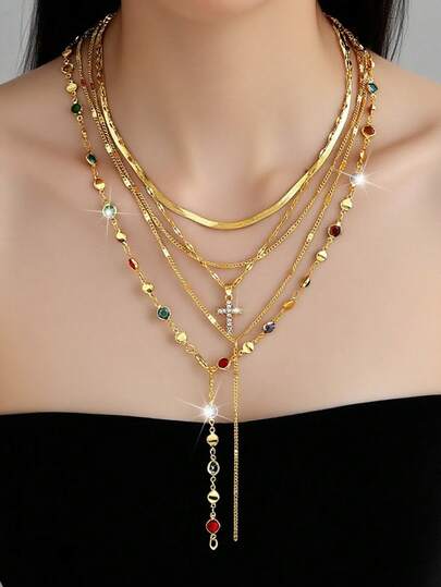 5pcs Vintage Metal Cross Pendant Y-Necklace Set, Bohemian Colorful Crystal Pendant Necklace, Suitable For Women's Daily, Vacation, Party, Date, Holiday Wear, Can Be Given As Gifts To Friends (Random Bead Colors)