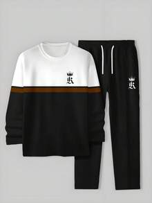 男士圆领运动服两件套，字母印花休闲卫衣和裤子套装，适合户外运动。 - 黑色 - 查看 3