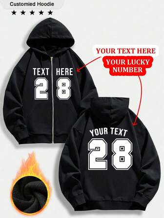 Anpassad herrtröja med dragkedja - Anpassningsbar rolig tröja, kan tryckas med din text, siffror, tröjnummer, lyckonummer, födelsedagar, årsdagar, arbetsuniformer, reklamtryck, skoluniformer fram och bak, svart tröja med dragkedja, lämplig för höst och vinter, termofodrad, känguruficka, dragsko, långärmad topp