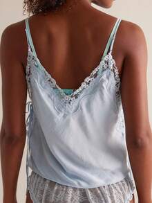 Womens Y2K Satin Side Tie Tank Tops Flower Embroidery Lace Trim Bohemia Cami Adjustable Spaghetti Strap Camisole Sleeveless V Neck Going Out Tops - 淺藍色 - 查看 4