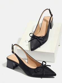 Giày cao gót hở mũi, mũi kín, hở gót, có nơ trang trí cho nữ, giày cao gót đế thô thoải mái, phù hợp cho trang phục hàng ngày, tiệc tùng, đám cưới, những dịp trang trọng, thích hợp cho mùa thu/đông, màu đen - màu đen - Xem 6