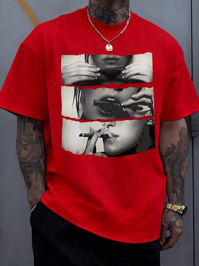 Monochrome Print Captures Contemplative Sequence Woman's Hands Preparing Slender Object Lips Engaging Reflecting Quietude Men Undershirt Tops 220g Tee