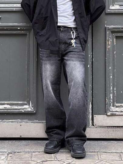 HEHCN 男士复古破洞宽松直筒牛仔裤，美式休闲街头阔腿牛仔裤，适合送给丈夫/男朋友的礼物，垃圾摇滚