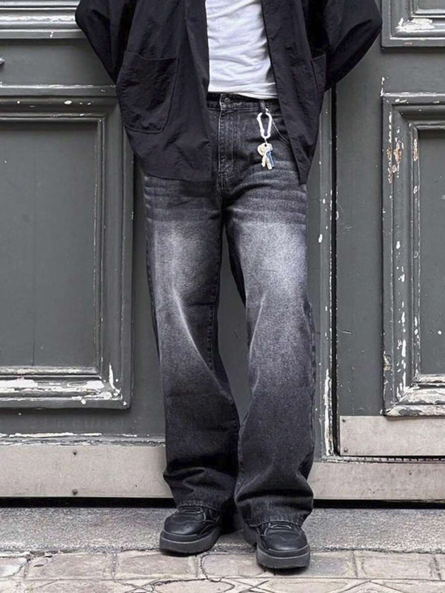 HEHCN 男士复古破洞宽松直筒牛仔裤，美式休闲街头阔腿牛仔裤，适合送给丈夫/男朋友的礼物，垃圾摇滚 - 黑色 - 查看 1