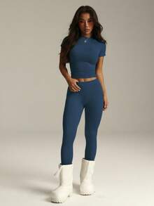 Women Casual Solid Color High Elastic Short Sleeve T-Shirt And High Waist Legging Sports Suit Gym Set Workout Women Set Women Leggings Set - Màu xanh hải quân - Xem 2