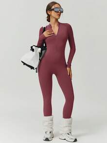 NcmRyu 1 Stück Damen nahtloser, thermisch gefütterter, schlankmachender, modischer, einfarbiger Stehkragen-Jumpsuit mit Reißverschluss, formend, hebend, für Outdoor-Fitness, Workout, Laufen, Yoga
