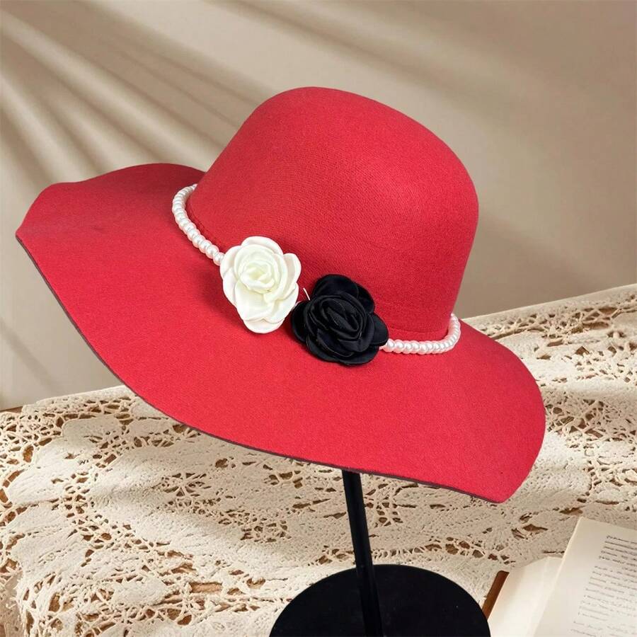 Women's Wide Brimmed Top Hats Fashion Pearl Flower Decorated Bucket Cap For Wedding Special Occasion Suitable For Home Gatherings, Holiday Decorations, School Parties, And Other Events. Must Choose Christmas And New Year Gifts - Red - View 1