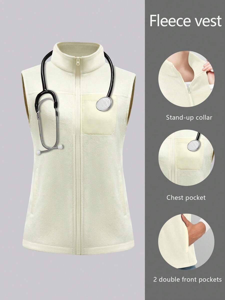 Women's Casual & Work Warm Fleece Sherpa Sleeveless Vest, Multiple Pockets, Suitable For Nurse, Scrubs, Workwear, Dentist, Healthcare, Pet Hospital, Laboratory - Apricot - View 1
