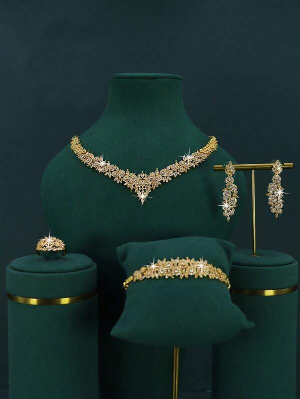 5pcs 18K Gold Plated Luxury Royal Style V-Shaped Design Bridal Wedding Jewelry Set, Handset White Cubic Zirconia, Including Necklace, Bracelet, Earrings, Ring, Suitable For Daily Wedding Wear, Wedding Anniversary Gift (Gift Box Packaging) Complimentary