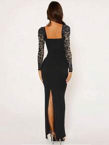 Fashionable Sexy Lace Patchwork Fitted Long Sleeve Dress - Black - View 2
