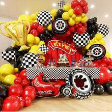 Bộ trang trí bóng bay chủ đề xe đua 121 món, bao gồm bóng bay hình xe đua, lốp xe, cúp, bóng bay tráng bạc kẻ caro đen trắng, bóng bay cao su màu đỏ, vàng và đen. Thích hợp cho tiệc sinh nhật, tiệc mừng em bé, cuộc thi đua xe, tiệc trò chơi, trang trí tiệc theo chủ đề đua xe. - Nhiều màu - Xem 5