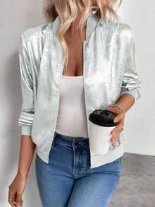 Women's Regular Fit Solid Color Zip-Up Baseball Jacket - Silver - View 4