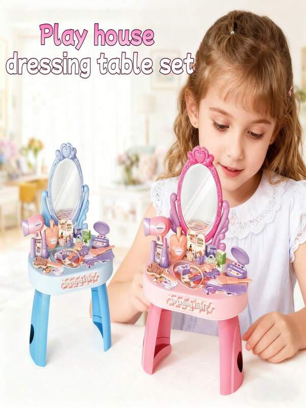 3-6 Years Old Girls' Funny Vanity Makeup Table Pretend Play Toy Set, Includes Makeup Mirror & Comb, Interactive Parent-Child Toy, Christmas/Birthday Gift (Accessory Color Random)