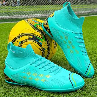 Unisex Geometric Pattern Sports Shoes, Athletic Knit Lace-Up Football Cleats For Outdoor, All Season