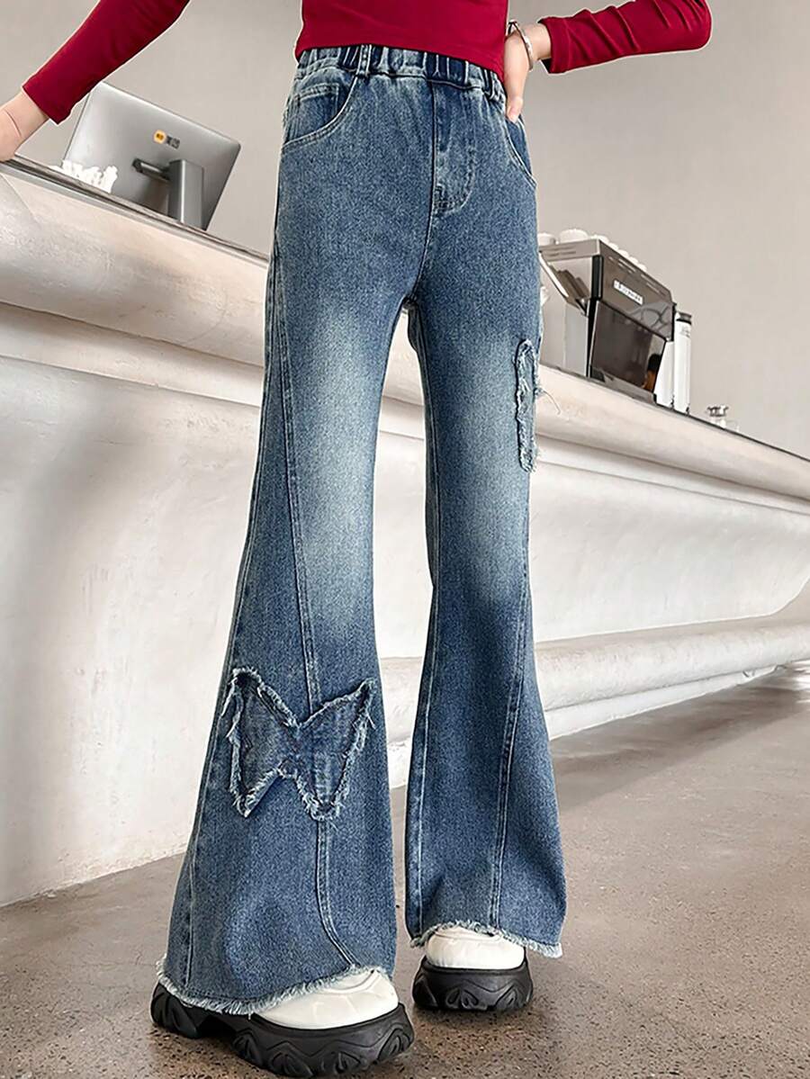 休闲百搭刺绣喇叭裤少女牛仔裤 - 藍色 - 查看 1