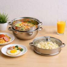 3 Tier Steamer Hot Pot Stainless Steel Cooker Steam Pot Food Cooking + Glass Lid - 銀色 - 查看 11