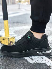 1 par de zapatillas deportivas con puntera de acero para hombres, zapatos de trabajo para mujeres, zapatillas deportivas de seguridad con puntera de acero para hombres, zapatos de seguridad para mujeres, zapatillas deportivas de trabajo para hombres, zapatos de trabajo antipinchazos y antiaplastamiento con suela acolchada y transpirable, calzado de seguridad con parte superior de malla negra, zapatos irrompibles para senderismo y trabajo al aire libre, botas de trabajo cómodas y ligeras con suela de EVA para hombres y mujeres