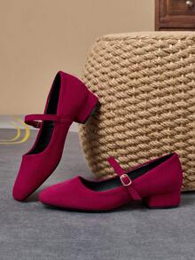 3cm Heel Mary Jane Coffee Color Square Toe Pumps, Suitable For Work, Commute, Dinner Party, Vintage Black, Fashionable Casual Khaki Flats - Màu Hoa hồng đỏ - Xem 4