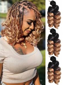 3 件装盒状辫子，松散卷曲钩针编织辫子，黑色发丝，法式扭发，女士合成接发，短卷发，钩针假发，高温纤维假发，女士蓬松波浪编织发型，自然造型辫子颜色：黑色、紫色、绿色、蓝色 - 彩色 - 查看 32