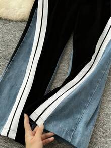 GLOURI Women's Denim Patchwork Co-Ord Set - Matching Jeans Set With Color Block Design | Long Sleeve Tracksuit & Contrast Stitching For Streetwear Athleisure Fall And Winter - 黑色 - 查看 5