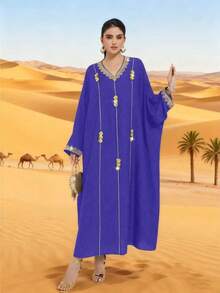 女士缀饰V领蝙蝠袖阿拉伯风格长裙、卡夫坦长袍和贾拉比亚长袍，女士奢华晚礼服 - 紫色 - 查看 4