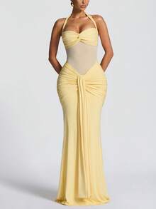 1 chiếc đầm dự tiệc thanh lịch cỡ lớn dành cho nữ, kiểu dáng gợi cảm, dây mảnh, hở lưng, thắt eo, phối lưới, thích hợp cho kỳ nghỉ, đi biển, cưới, mùa xuân. - Màu vàng - Xem 1