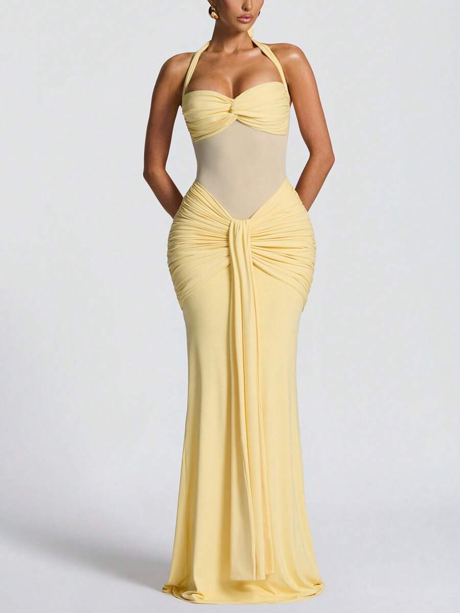 1 chiếc đầm dự tiệc thanh lịch cỡ lớn dành cho nữ, kiểu dáng gợi cảm, dây mảnh, hở lưng, thắt eo, phối lưới, thích hợp cho kỳ nghỉ, đi biển, cưới, mùa xuân. - Màu vàng - Xem 1