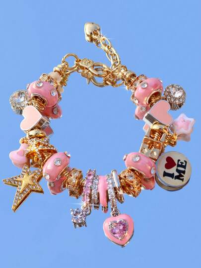 1pc Star & Heart Charm Bracelet, Cute Style Love Yourself Slogan Bracelet, Adjustable Pink Heart DIY Bracelet