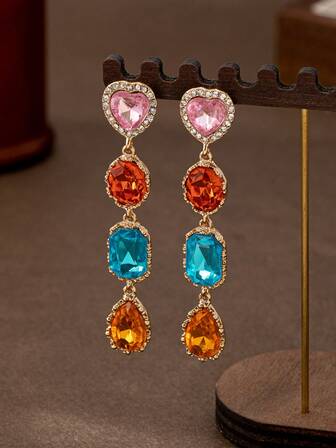 1对时尚波西米亚风心形水滴形水钻耳环