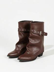 2025 Autumn/Winter New Design Slim Fit Stacked Heel Ankle Boots With Belt Buckle, Sexy Style, Black - Brown - View 3