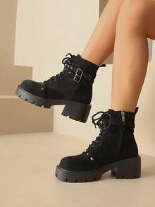 Retro Thick Sole Square Heel Petite Booties, Casual Versatile Short Ankle Boots, Lace-Up Buckle Decor, Fashionable Boots For Autumn/Winter 2025 - Black - View 4
