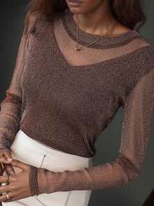 Women's Elegant Shiny Long Sleeve Top, Loose Fit Casual Undershirt, Suitable For Spring And Autumn - Brown - View 3