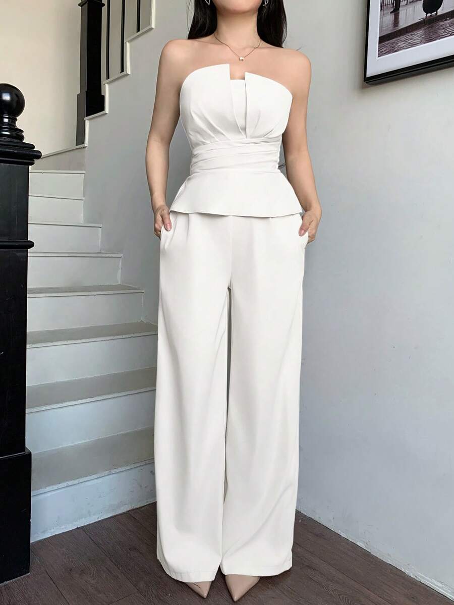 abyoxi 两件套：白色荷叶边吊带背心搭配阔腿裤，时尚优雅，适合办公室、通勤、复古风、社交场合、派对、约会、情人节、春夏穿着。 - 白色 - 查看 1