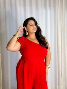 Women's Plus Size Curve Jumpsuit, Long, One-Shoulder, With Bow In Duna Print, Elegant For Parties - Đỏ - Xem 10