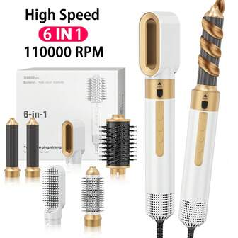 PinkSings Perie uscător de păr de mare viteză de 1300 W, cea mai recentă, cu buton de aer rece, set de perii uscător de păr 6 în 1, set profesional de perii cu aer cald de mare viteză, 110.000 RPM, cu ondulatoare automate, aparat de coafat părul pentru uscare rapidă, ondulare, îndreptare și pieptănare