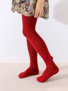 2pcs Children's Bow Decor Basic Tights, Sweet Style Red Leggings Suitable For Christmas - Red and White - View 5