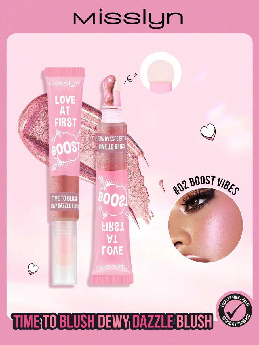 MISSLYN 1入 Love At First Boost 液體腮紅,可疊加顯色,輕盈順滑質地,附海綿頭液體頰彩,水光妝效,適合日常、派對、Y2K風格,情人節禮物 - 液體腮紅02 - 查看 1