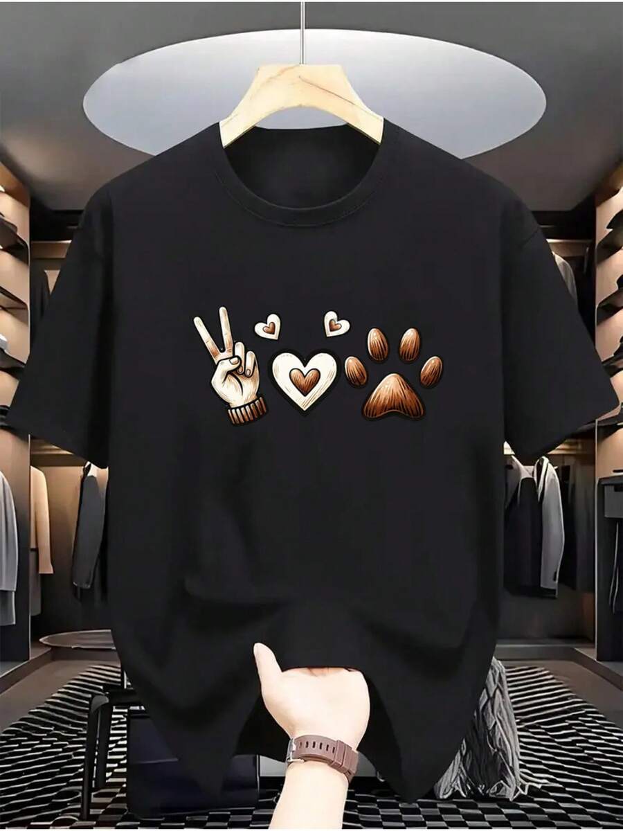 Men's T-Shirt, 100% Premium Cotton, Short Sleeve, Love Paw Print, Pet Dog Design, Stylish, Crew Neck, Plain, Casual Fashion. - 黑色 - 查看 1
