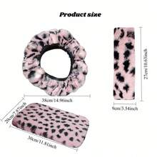 4 Stücke Plüsch Leopardenmuster Schwarz gepunktete Lenkradabdeckung, Armauflagenpolster, Schulterpolster Autoinnenausstattung, Winter