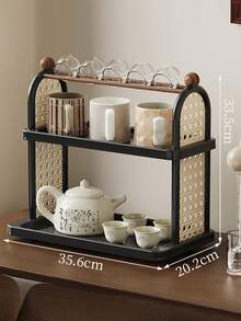 Black Double-Layer Antique-Style Cup And Tea Rack, Suitable For Bedroom Cosmetics Storage Rack, Desktop Storage Rack, Kitchen Cup Holder, Water Cup And Tea Cup Holder, Kitchen Cup Storage Rack, Cup Holder, Drain Rack, Coffee Rack. - 黑色 - 查看 2