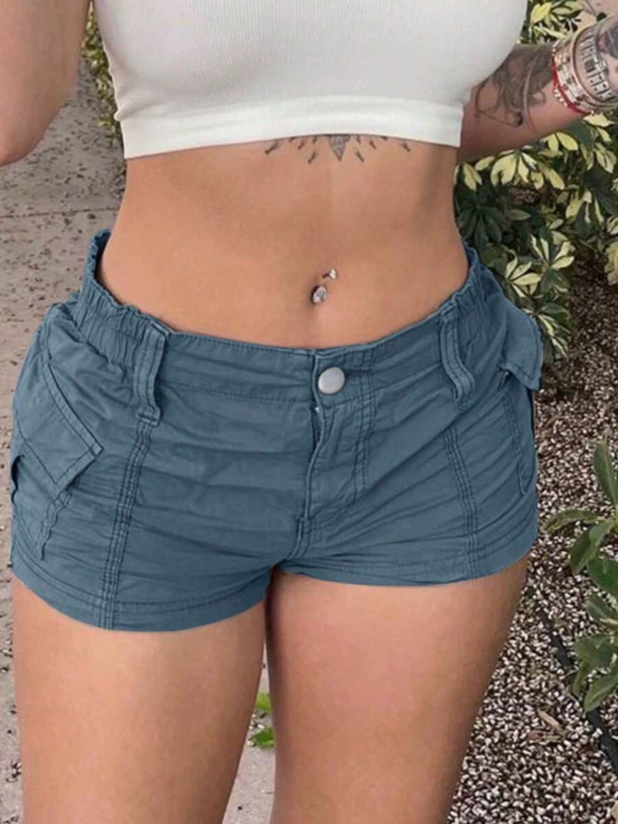 Quần short cargo cạp chun, túi nắp bên hông kiểu Y3K, màu trơn, thích hợp mặc hàng ngày, phong cách lễ hội âm nhạc Y2K mùa hè. - Màu xanh lam - Xem 1