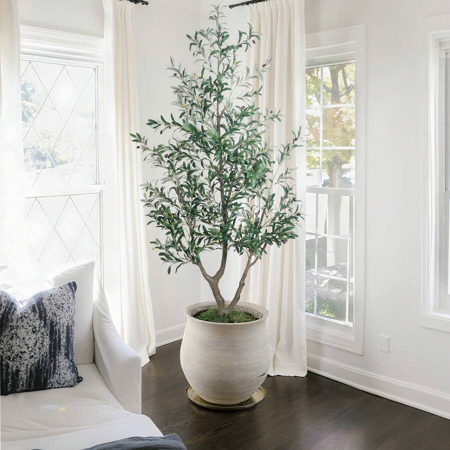 Upgraded Olive Tree Artificial Plants 6ft 7ft Faux Olive Trees With 3 Branches And Lifelike Fruits Outdoor Indoor Realistic Potted Plant For Mordern Home Office Living Room Decor - màu xanh lá - Xem 1