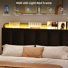LED Bed Frame With Storage Headboard, Queen Bed Frame With Bookcase Headboard, PU Leather Upholstered Furniture, No Box Spring Needed, Easy Assembly, Christmas Gifts, Bedroom Deccor, Twin/ Full/ Queen, Black/ White (USB LED Strip) - 黑色 - 查看 3